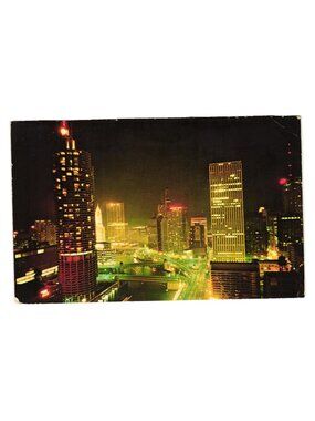 Chicago Illinois Nighttime Skyline Postcard 1968 Lights Penrod Studio Vintage